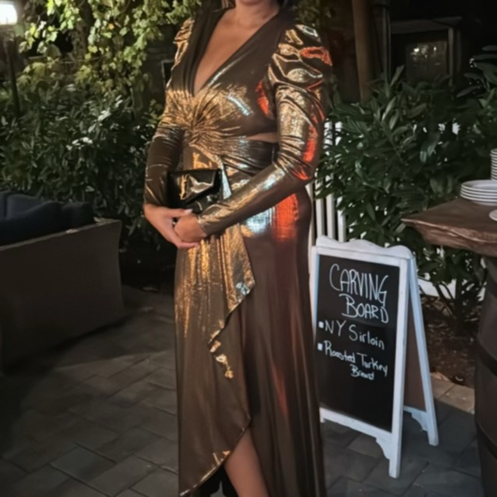 Metallic Bronze Maxi Dress with Twist Front